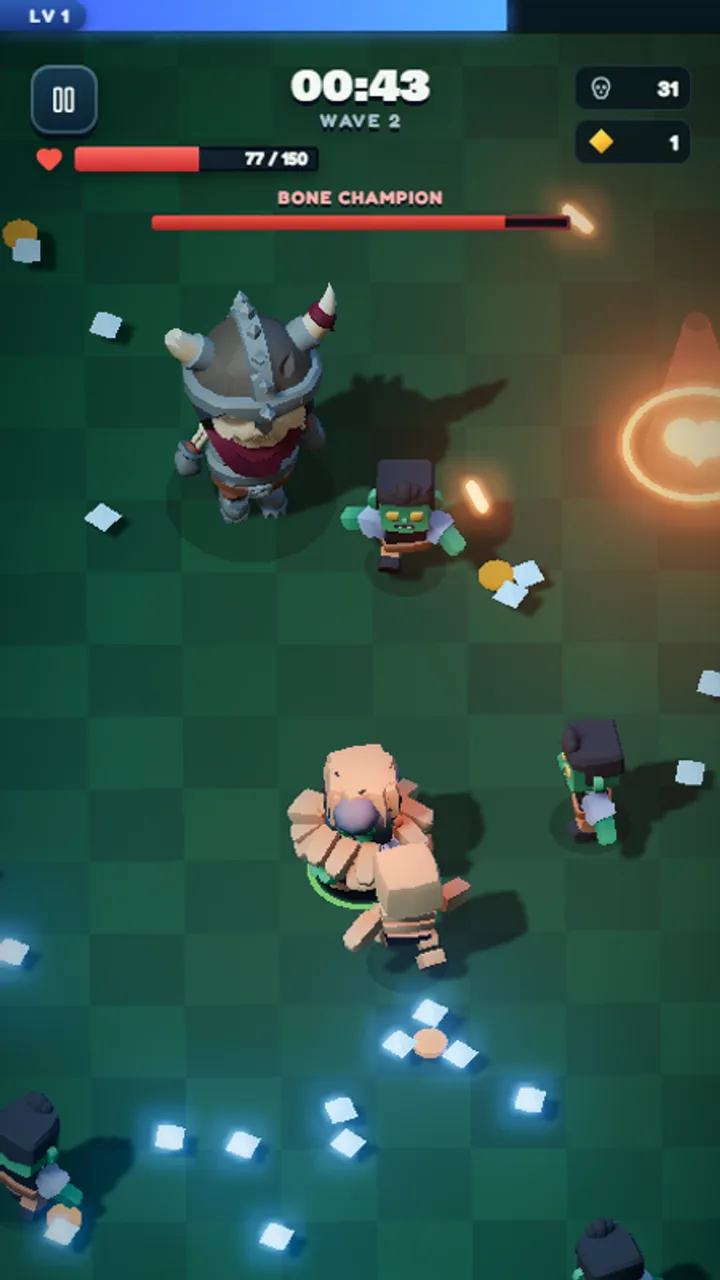 A giant Bone Champion boss charging through a crowded battlefield