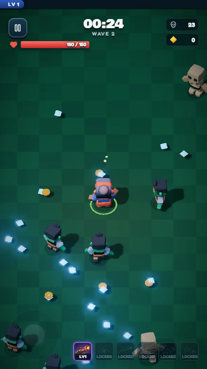 A survivor dodging enemies and collecting glowing experience