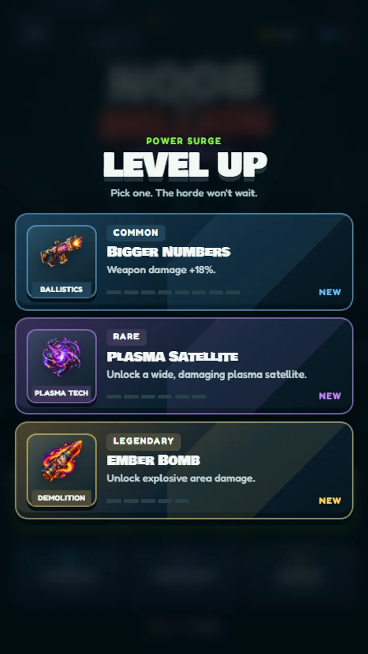 Level-up screen offering common, rare, and legendary upgrades