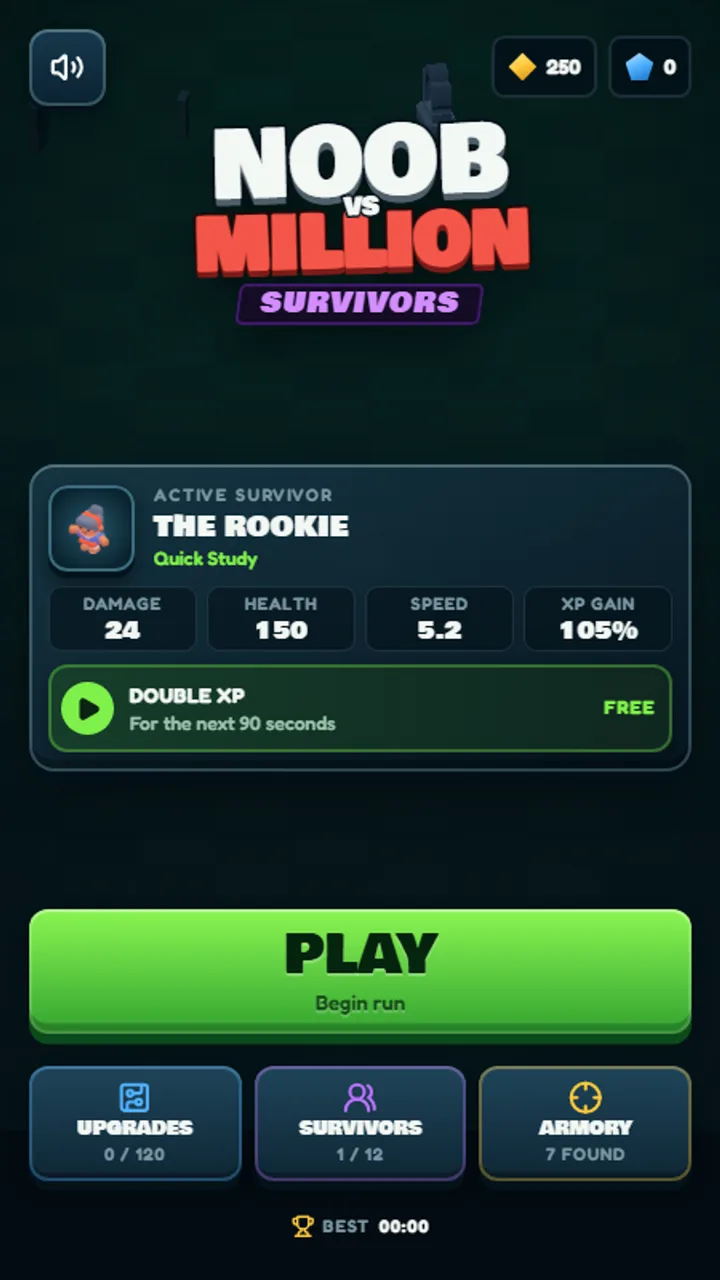Main menu with survivor loadout and a large play button