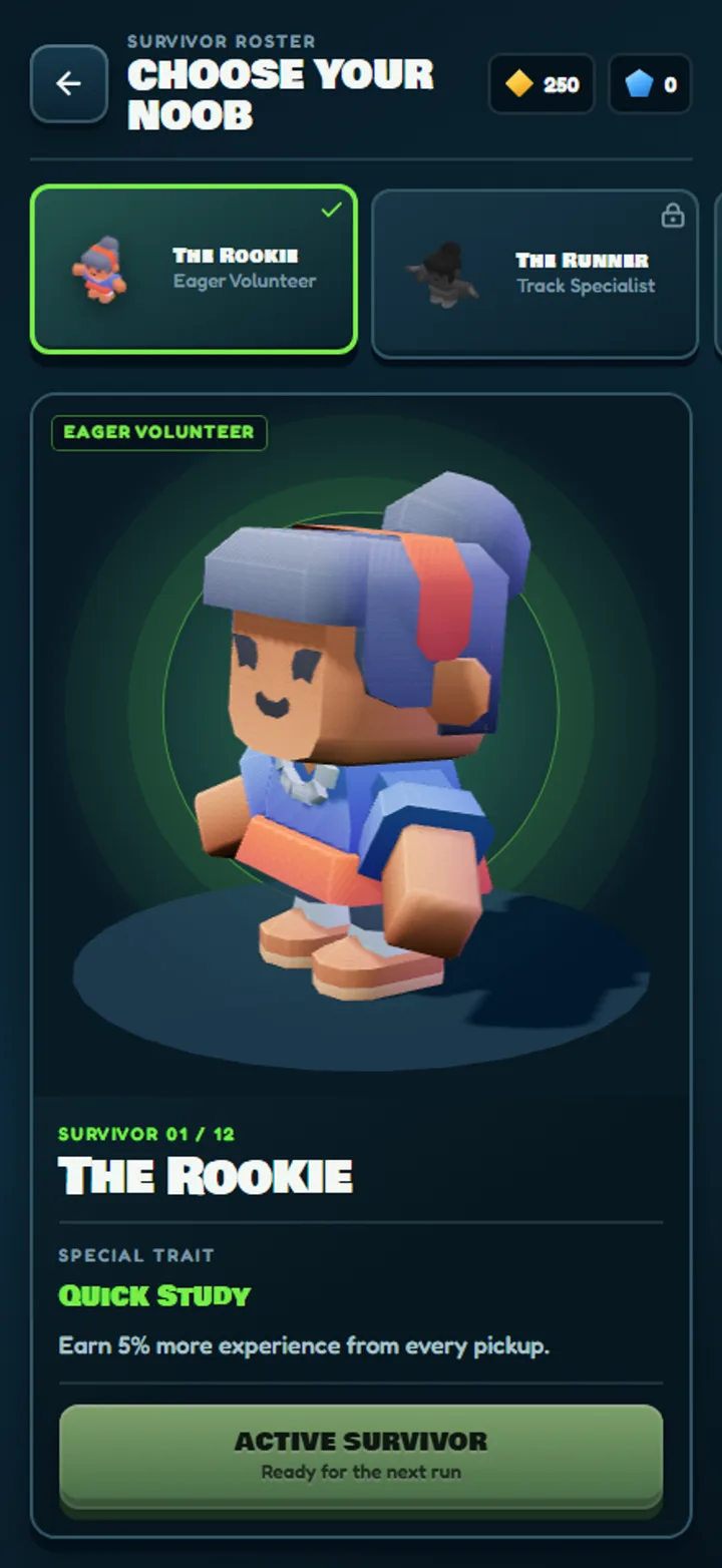 Survivor roster showing a character and their unique trait