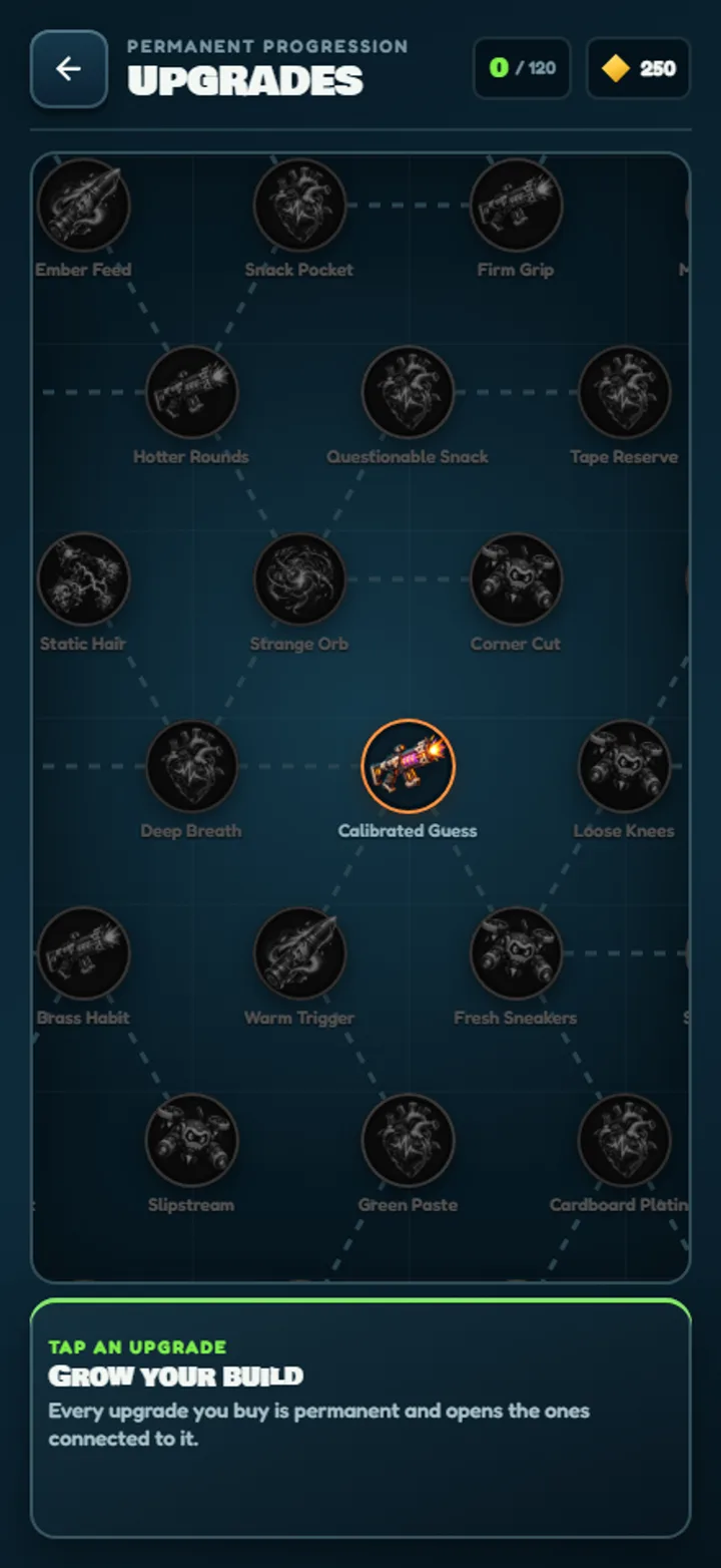 Permanent upgrade web with connected progression nodes