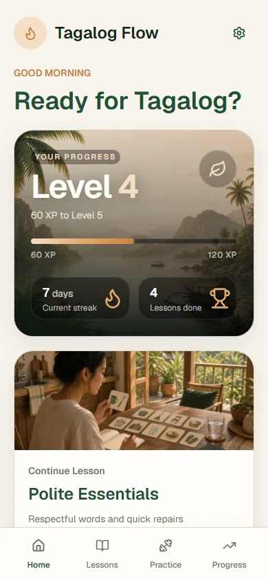 Tagalog Flow home screen on a phone