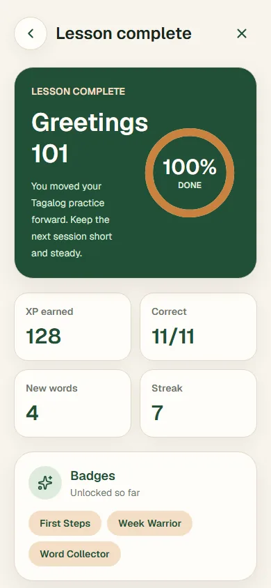 Lesson complete summary with XP and badges